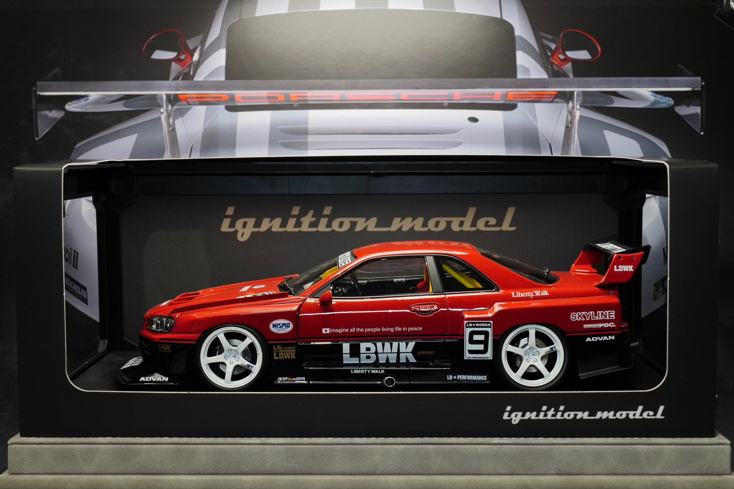 IG 1:18 GTR-R34 Super Silhouette战神改装版超级剪影树脂汽车模型!LB红黑经典配色!超外八白轮还原实车!