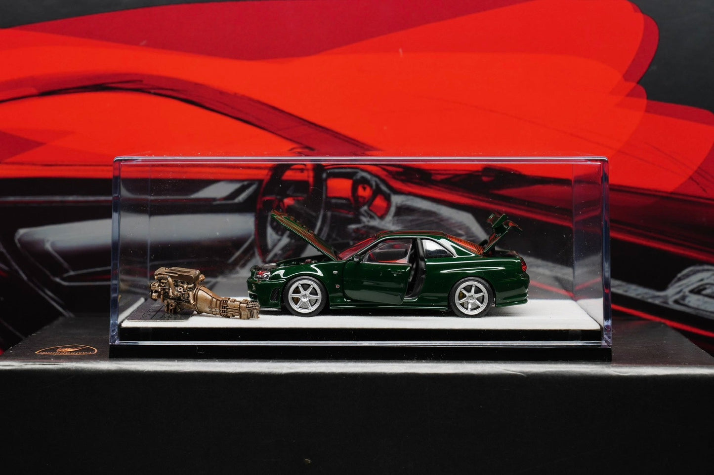 PGM 1:64 Nissan GTR-R34 alloy full open car model! Retro British green color! Engine display piece included! Limited to999 units!