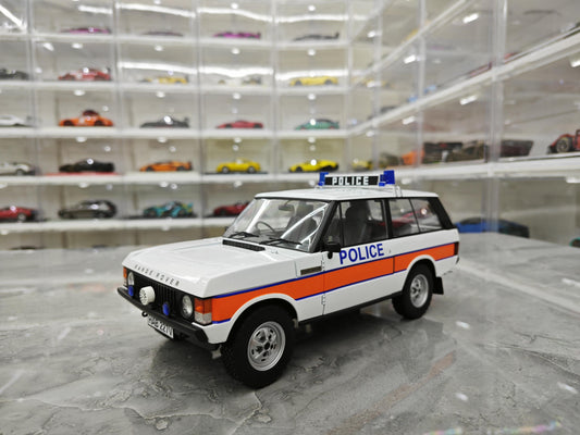 AR 1:18 scale replica of the first generation Land Rover Range Rover police car edition, alloy metal car model collection display piece as a gift.